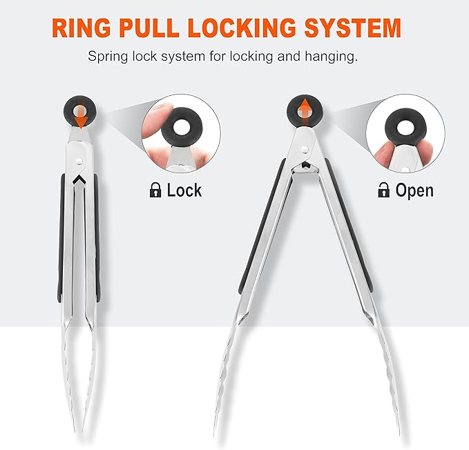Anaeat Stainless Steel Locking Tong Set of 3 - Premium 7, 9 and 12 inch Kitchen Food Tongs with Non-Slip Silicone Tips and Grip for Serving, Cooking, Baking and BBQ - Heavy Duty & Heat Resistant
