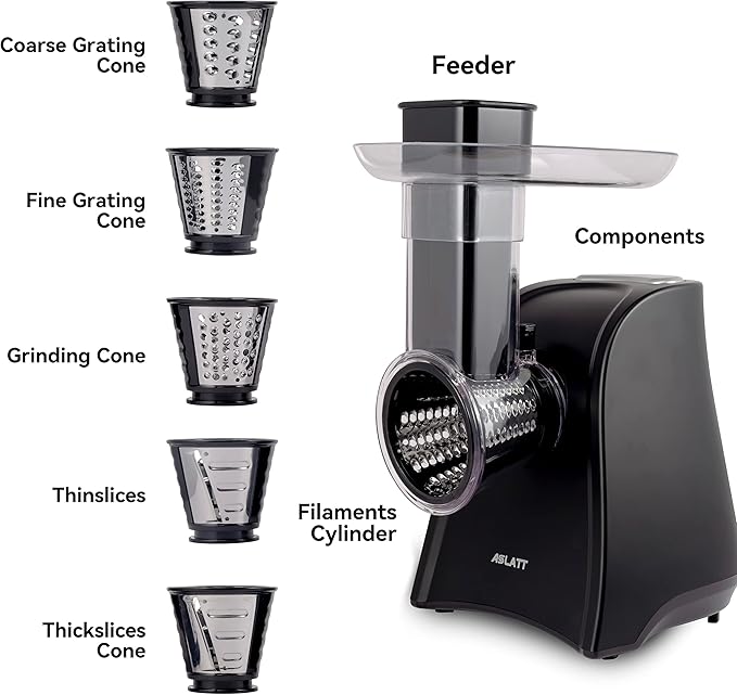 Electric Slicer, Electric Cheese Grater for Home Kitchen Use, One-Touch Control Cheese Shredder, Salad Maker Machine for Fruits, Vegetables, Cheese Grater with 5 Attachments