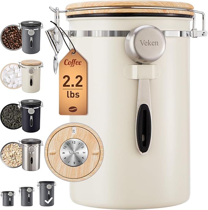 Veken Coffee Canister, 39OZ Large, Airtight Stainless Steel Food Storage Container for 2.2lbs Coffee Beans, Ground, Sugar, Tea, Flour, Cereal, Kitchen Bar Accessories with Date Tracker & Scoop, Cream