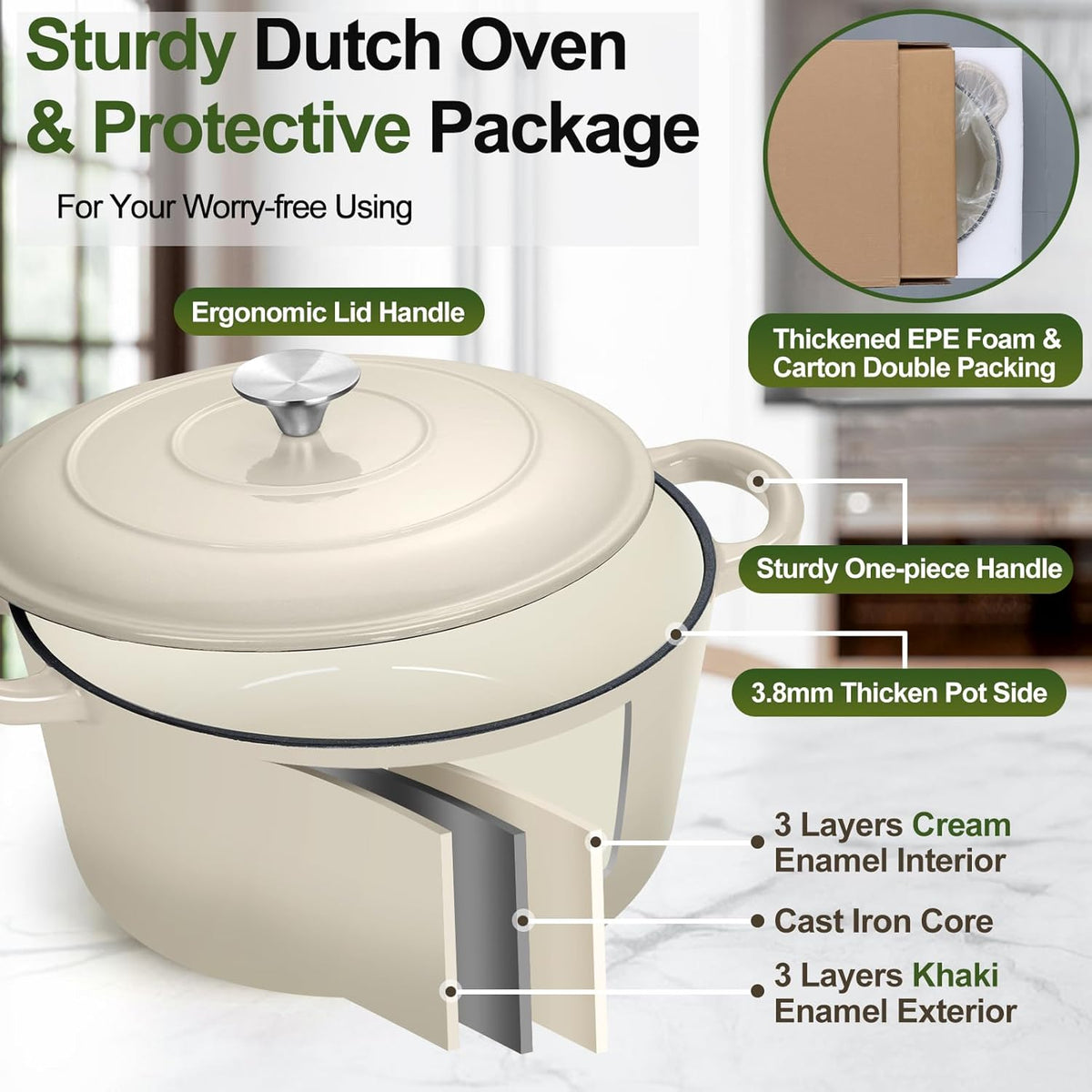 P&P CHEF 5QT Enameled Dutch Oven, Cast Iron Dutch Oven Pot with Lid for Bread Baking, Enameled Casserole Pot for Roasting Braising Stewing Frying Simmering, Various Stoves & Easy Clean, Khaki