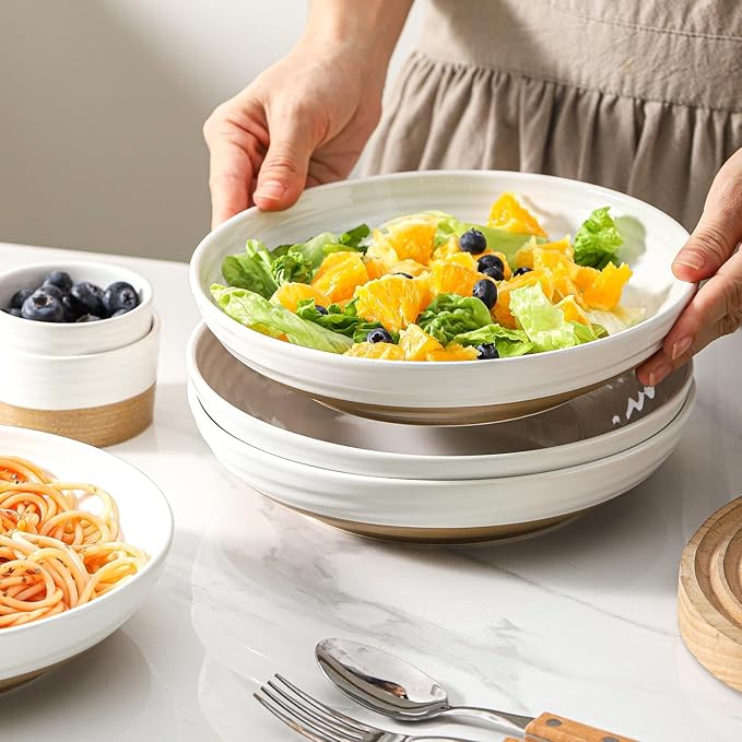 Hasense Ceramic Pasta Bowls, 32 Ounce Serving Bowls for Kitchen, 8.7 Inch White Bowls Set for Furit, Salad, Pasta - Shallow Soup Bowls Set of 2, Dishwasher & Microwave Safe