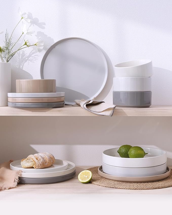 Famiware Nebula Dinnerware Set with Pasta Bowls, Service for 4 (16pcs), Fine Stoneware Plates and Bowls Sets, Microwave and Dishwasher Safe Dishes Set, Multi-color