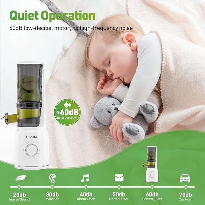 Secura Mesh Free Slow Juicer with Stainless Steel Prong Spiral Auger, Cold Press Juicer, Masticating Juicer Machines with Quiet Motor & Reverse Function for Vegetables and Fruits, White