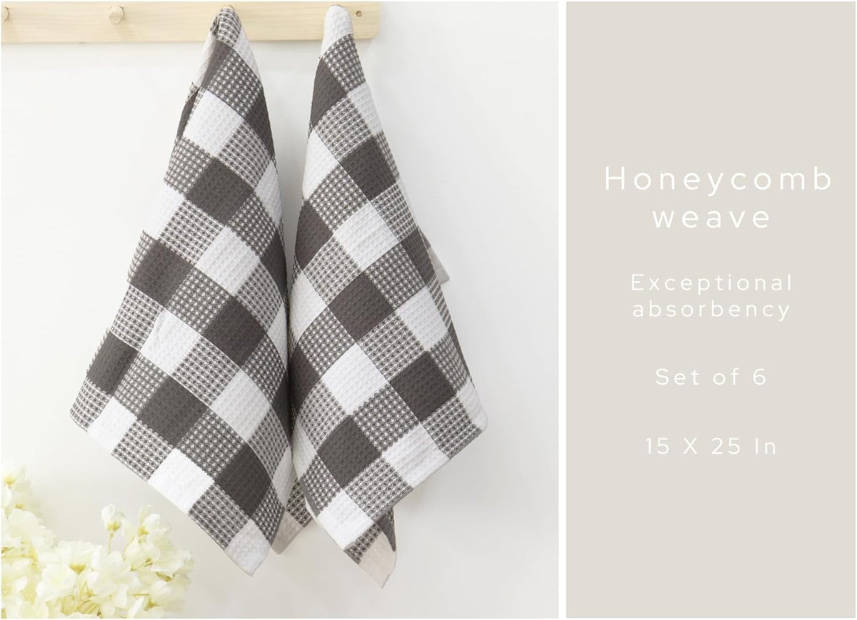 PurpleEssences 100% Cotton Waffle Weave Check Plaid Kitchen Towels, Super Soft and Absorbent Dish Towels for Drying Dishes 15 x 25-6 Pack - Spring Summer - Steel Grey and White