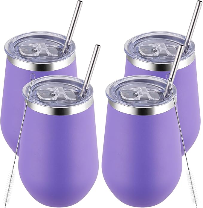 MEWAY 12oz Stainless Steel Wine Tumbler with Lid and Straw - Double Wall Stainless Steel Coffee Mug, Gift for Woman Under 10 dollars， 4 Pack Bulk tumblers(Purple,Set of 4)