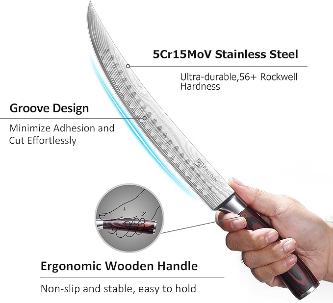 PAUDIN Carving Knife, 10 Inch Butcher Knife, Forged High Carbon German Stainless Steel, Razor Sharp Curved Brisket Slicing Kinfe for Poultry Beef Pork Meat Cutting, Ergonomic wood Handle Design
