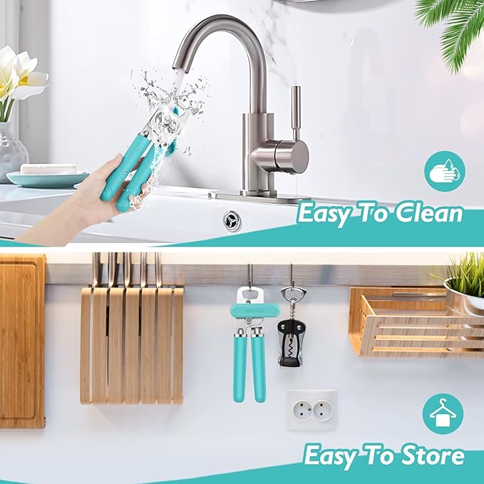 10 Colors Can Opener Manual Handheld Heavy Duty Hand Can Opener Smooth Edge Stainless Steel Can Openers Top Lid Kitchen Gadgets, Best Large Rated Easy Turn Knob, with Bottle Opener, Aqua Sky