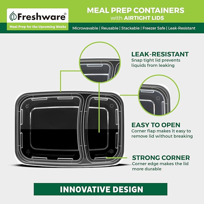 Freshware Meal Prep Containers [50 Count ] 2 Compartment with Lids, Food Storage Containers, Bento Box, BPA Free, Stackable, Microwave/Dishwasher/Freezer Safe (28 oz)