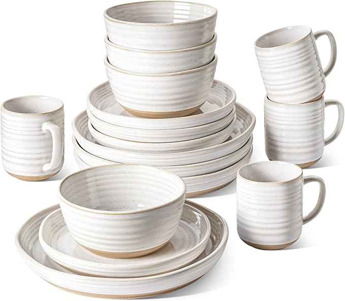 LE TAUCI Dinnerware Sets 16 PCS, Stoneware Plates and Bowls Set, House Warming Wedding Present, Serve for 4 (10" Dinner Plates + 8" Salad Dish + 28 oz Cereal Bowl+12oz coffee mugs) x 4, Arctic White