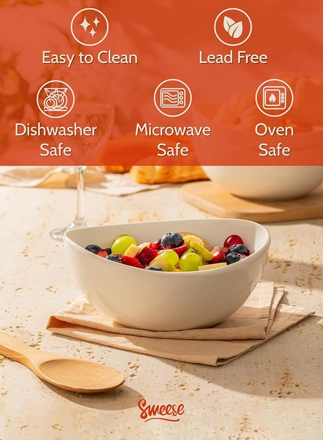 Sweese 42oz Porcelain Serving Bowls - Set of 4, 8-Inch White Bowls for Salad, Soup, Pasta & More - Microwave, Dishwasher & Oven Safe