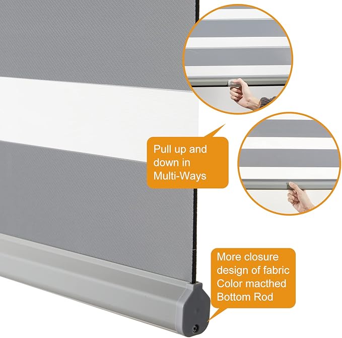 Persilux Zebra Window Blinds, Cordless Room Darkening Roller Blinds (23" W x 72" H, Grey) Roller Blinds Cordless Light Filtering, Light Control for Day and Night…