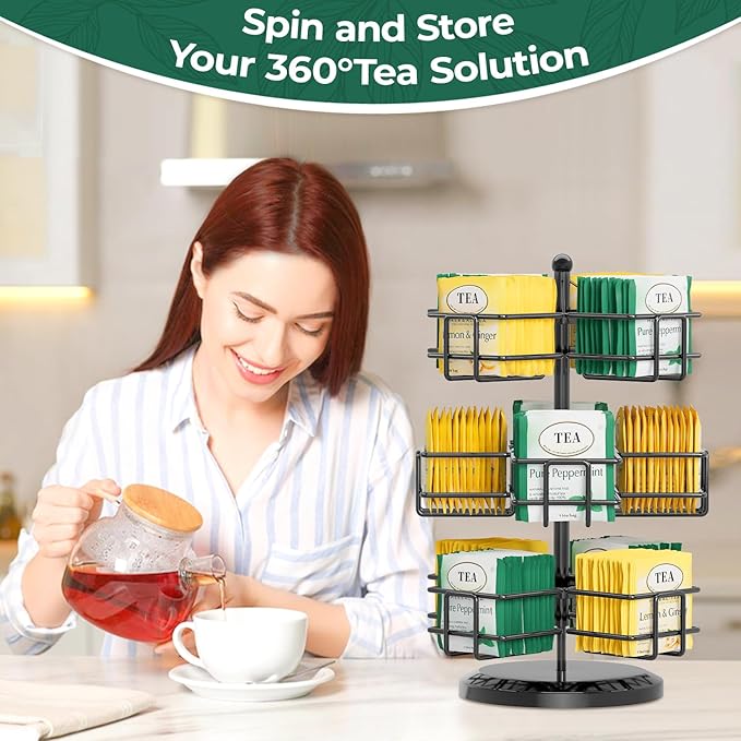 EsLuker.ly Tea Bag Holder Organizer for Counter 3 Tier Metal Teabag Storage Rack, Spinning Carousel Packet Display Stand, Tea Organizer Station with Easy Access for Kitchen Office, Black