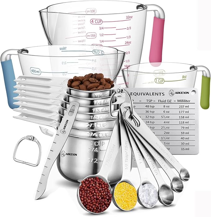 AIKEXIN 20-Piece Measuring Cups and Spoons Set, Nesting Stainless Steel Measuring Cups Spoons with Plastic Measuring Cup for Dry and Liquid Ingredients, Kitchen Cooking & Baking Gadgets