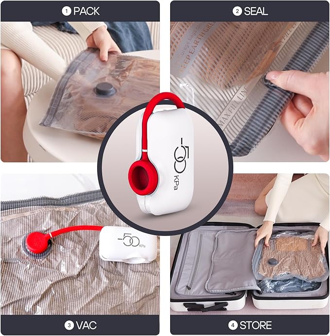 VMstr 12 Pack Vacuum Seal Bags for Clothing Travel, Carry-on Size for Luggage Compression Packing, Space Saver Bags with High Pressure Electric Pump (DC Power)