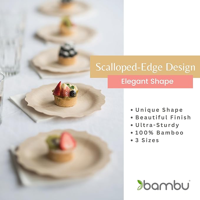 Bambu Pack of 8-9 Inch Disposable Bamboo Plates Fancy, Biodegradable Eco Friendly Products, Bamboo Disposable Plates for Party, Weddings, and Events, Great For Any Occasion, Compostable Plates