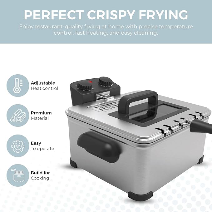Alpha Living Electric Deep Fryer – 4.5L Deep Fryer with Basket with 2-Quart and 4-Quart Baskets – High-Grade Stainless Steel – Temperature Control and Timer – Ideal for Fried Chicken, Fries
