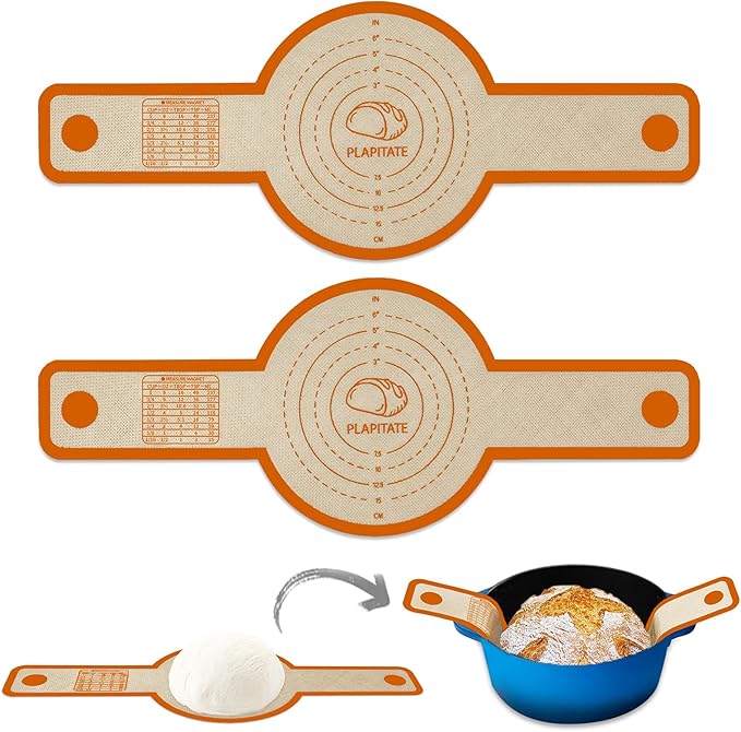 PLAPITATE Silicone Bread Sling for Dutch Oven Liner, Non Stick 2 PCS, Easy Clean Reusable Silicone Baking Mat with Long Handles, Easy to Transfer Sourdough Bread, Orange