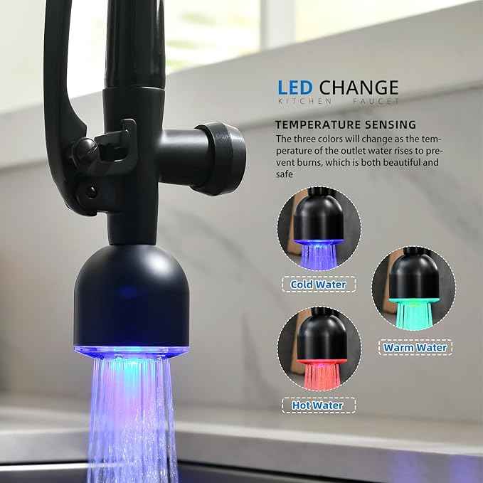 Fapully Commercial Single Handle Pull Down Sprayer Black&Rose Gold Kitchen Faucet,Kitchen Sink Faucet with LED Light