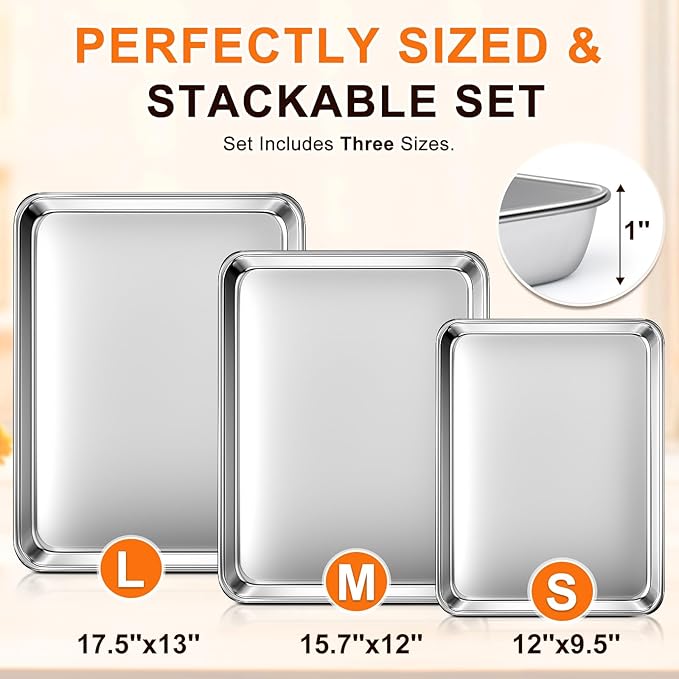 Baking Sheet Set of 3, Commercial Grade Stainless Steel Cookie Sheets for Baking, 12/16/17.5 Inch, Thicker and Firmer Baking Pans Set, Rust & Warp Resistant & Nonstick, Nontoxic&Heavy Duty&Easy Clean