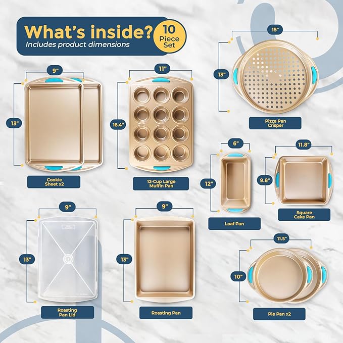 Perlli Baking Kit: Nonstick Gold Steel Oven Set - 10 Pieces, Cookie Sheets, Cake Pans, 9x13Pan with Lid, Loaf & Deep Pans, Pizza Crisper, Muffin Pan - Silicone Handles