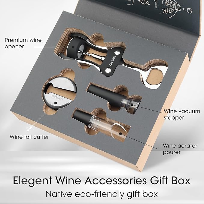 Beneno Multifunctional Wine Bottle Opener Gift Set - Wing Corkscrew, Foil Cutter, Vacuum Stopper & Aerator Pourer, Perfect for Wine Lovers Man Woman, Black Set
