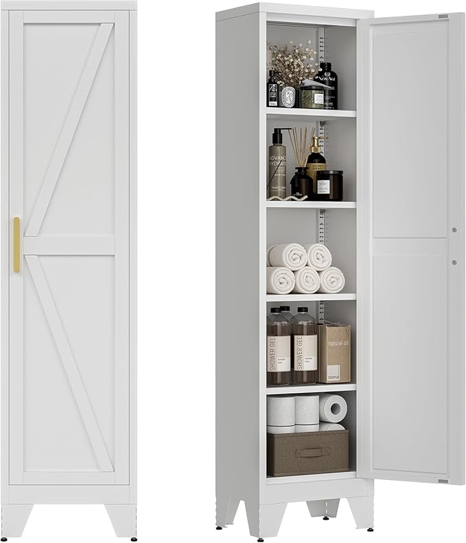 67" Tall Narrow Bathroom Metal Storage Cabinet with 4 Adjustable Shelves, Freestanding 5 Tier Slim Pantry Storage Cabinet for Small Space, White