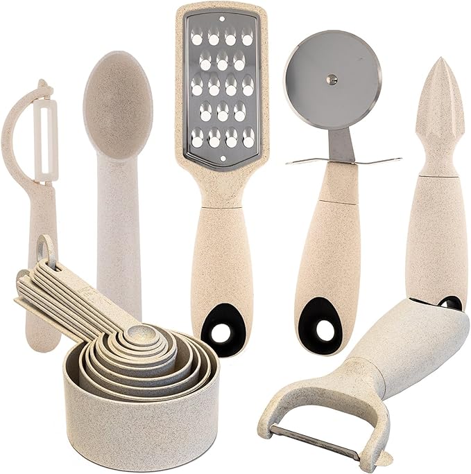 Beille 7pc Wheat Straw Complete Kitchen Utensils Set, Cream