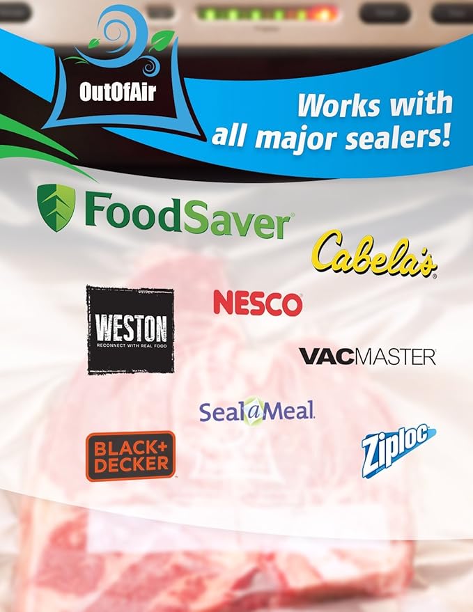 8" x 25' Rolls (Fits Inside Machine) - BULK 8 Pack (200 ft total) OutOfAir Vacuum Sealer Rolls Works With FoodSaver & Other Machines, 33% Thicker BPA Free Sous Vide Commercial Grade Bags