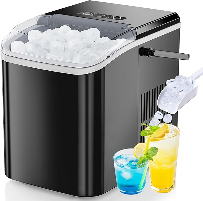 DUMOS Countertop Ice Maker with Handle, 26lbs/24H Portable Ice Machine, 9 Bullet Cubes Ready in 6 Mins, Self-Cleaning, Quiet Compact for Home, Kitchen, RV, Camping, Bright Black
