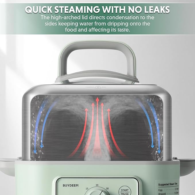 BUYDEEM G52 10.6 Quart 2-Tier Electric Food Steamer for 4-8 Servings, Vegetable Steamer for Cooking, 2-hour Keep Warm, 7 Preset Timings, Dual Boil-Dry Protection, Stainless Steel, Cozy Greenish