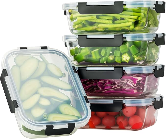 5-Piece Set, 36 oz Glass Meal Prep Containers with Snap-Lock Lids, Airtight Lunch Containers, Microwave, Oven, Refrigerator & Dishwasher Safe,Black