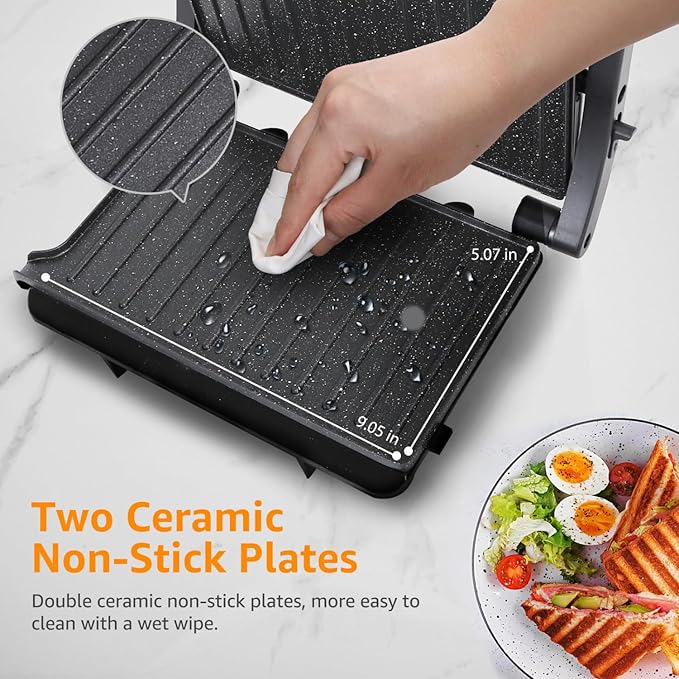 Panini Press Grill, Aigostar 1000W Sandwich Maker with Ceramic Non-stick Plates, Opens 180 Degrees for Any Size Food, 3-in-1 Sandwich Press Electric Grill, Drip Spout & Locking Lid, Sliver
