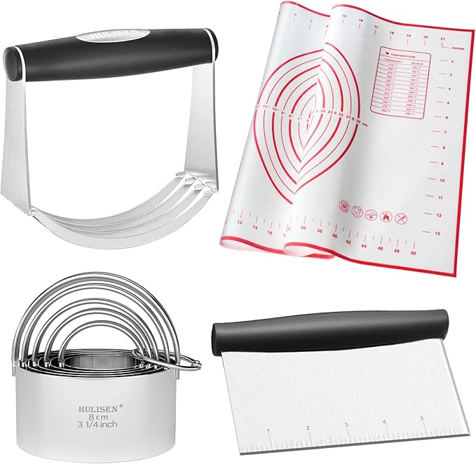 HULISEN Stainless Steel Biscuit Cutter Set, Silicone Mat, Pastry Scraper and Dough Blender, Sturdy & Long-Lasting with Ergonomic Rubber Grip, Professional Baking Dough Tools, Gift Package (4 Pcs/Set)
