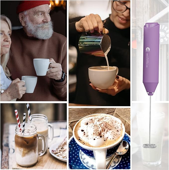 Powerful Milk Frother Handheld Foam Maker, Mini Whisk Drink Mixer for Coffee, Cappuccino, Latte, Matcha, Hot Chocolate, With Stand, Light Purple