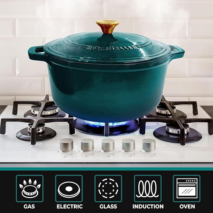 MUELLER HOME 4.5 QT Enameled Cast Iron Dutch Oven, Heavy-Duty Casserole Dish and Braiser Pan with Lid, Oven-Safe up to 500° F & Across All Cooktops, Housewarming Gifts New Home, Emerald
