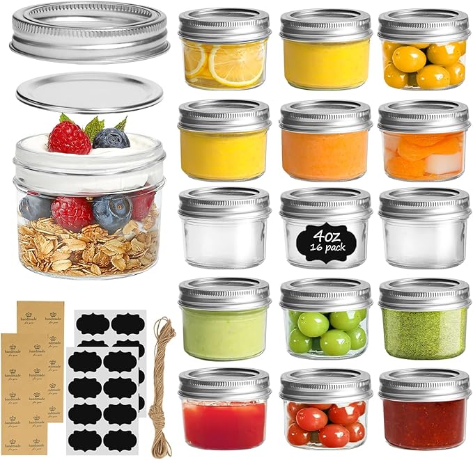 ComSaf Mini Mason Jars Bulk 4oz 16PCS, Regular Mouth Mason Jar with Lids and Seal Bands, Small Glass Canning Jar for Spice, Jam, Honey, Jelly, Dessert, Shower Wedding Favors, DIY Candles Decor