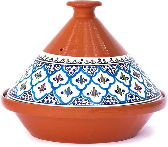 Kamsah Tagine Pot for Cooking and Flavor Enrichment - Large Clay Pot 12”, 5.5 QT - Non-Stick Handmade Cookware - Moroccan Ceramic Pots for Cooking with Lid & Serving Bowl - Bohemian Classic Turquoise