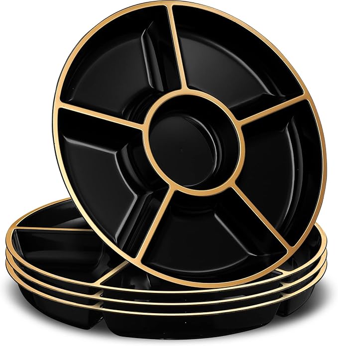 PLASTICPRO 6 Sectional Round Plastic Serving Tray/Platters Black & Gold Pack of 2