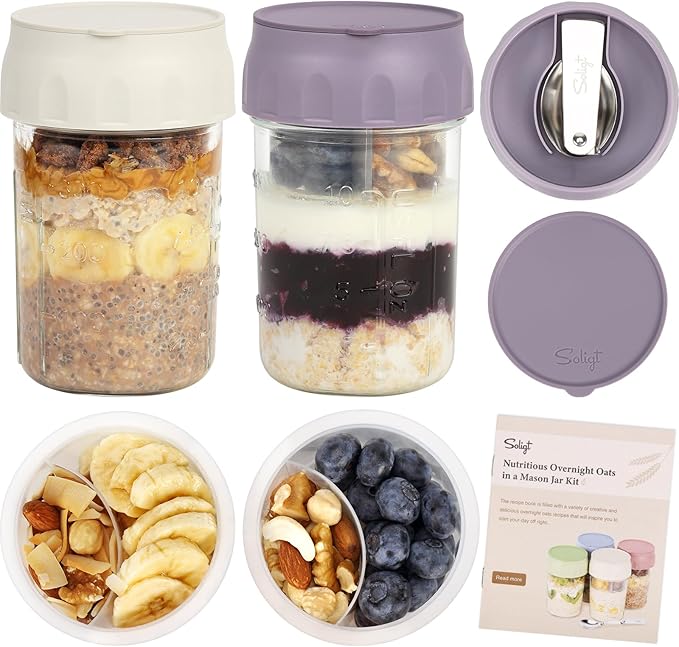 SOLIGT 2 Pack Overnight Oats Containers with Lids, Folding Spoons and Divided Compartments for Fruit & Nuts, Small Glass 16oz Mason Jars for Oatmeal Yogurt Parfait