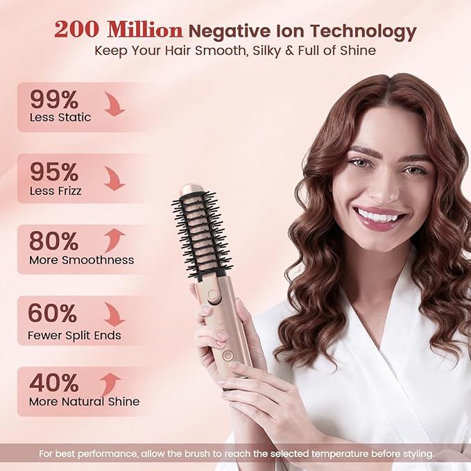 Youbella Cordless Hair Curling Iron Brush, Portable Travel Hair Curler, Mini 1.5″ Heated Round Brush, 3-in-1 USB Rechargeable Straightening Wand for Styling & Smoothing, 200 Million Ionic Care, Pink