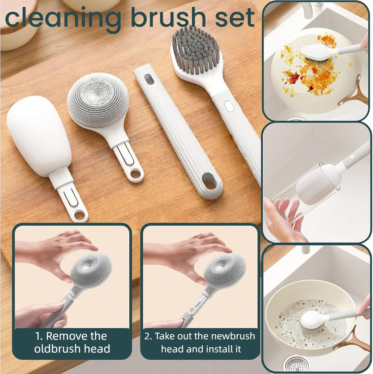 Dish Brush Set of 4 with Holder.Interchangeable Heads Kitchen Scrub Brush,Dishwashing Brush Set with Extended Handle,for Cleaning Pots,Pans,Bottles,Cups,Sinks,scrubbers for Dishes.Green
