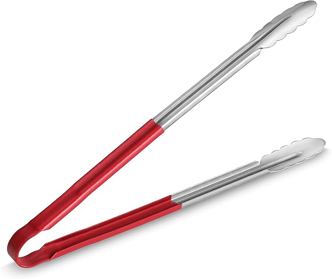 New Star Foodservice 35827 16-Inch Utility Spring Tongs, Stainless Steel, Vinyl Coated, Set of 12, Red