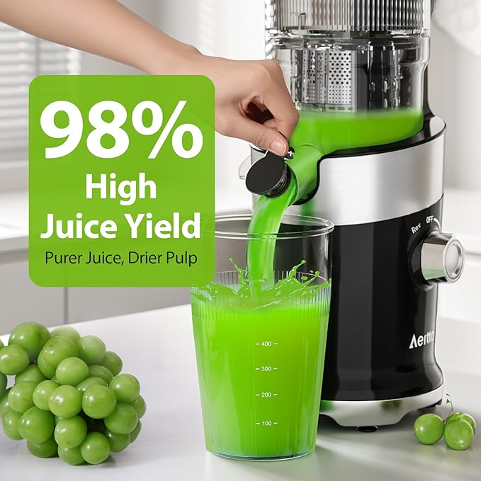 Cold Press Juicer Fits Whole Fruits, Aeitto Masticating Juicer Machines with Wide Feed Chute, Juice Extractor Machine Easy to Clean, High Juice Yield, Easy to Assemble, Self Feeding
