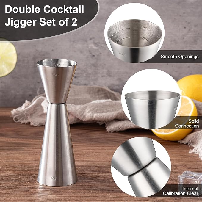Briout Jigger for Bartending, Double Cocktail Jigger Japanese Premium 304 Food Grade Stainless Steel Jigger 2 OZ 1 OZ with Measurements Inside, Flat Edge Silver