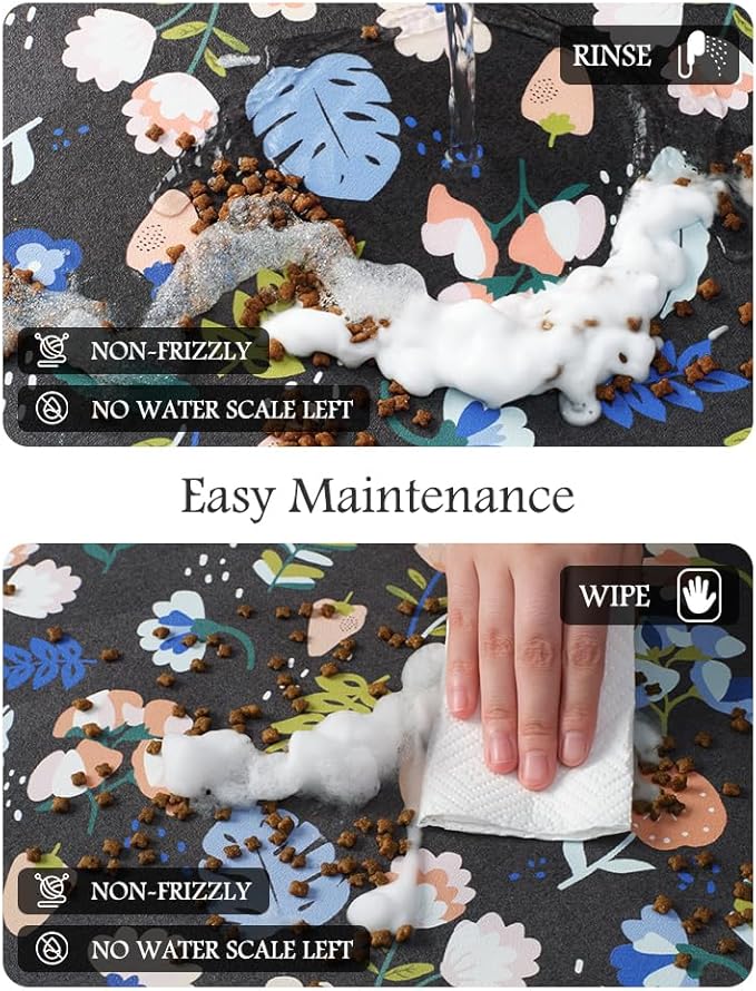 Pet Feeding Mat-Absorbent Dog Mat for Food and Water Bowl-No Stains Quick Dry Water Dispenser Mat-Dog Accessories Pet Supplies-Bowl for Messy Drinkers（DARKFLOWERS,17"x34"