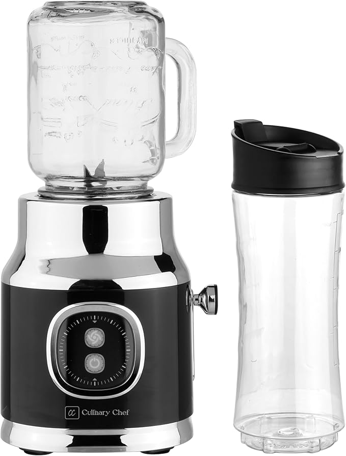 CULINARY CHEF Retro Smoothie Maker Personal Blender with Mason Jar, Perfect for Shakes and Smoothies, Countertop, Dishwasher Safe, BPA-Free, High Power 300W, Black
