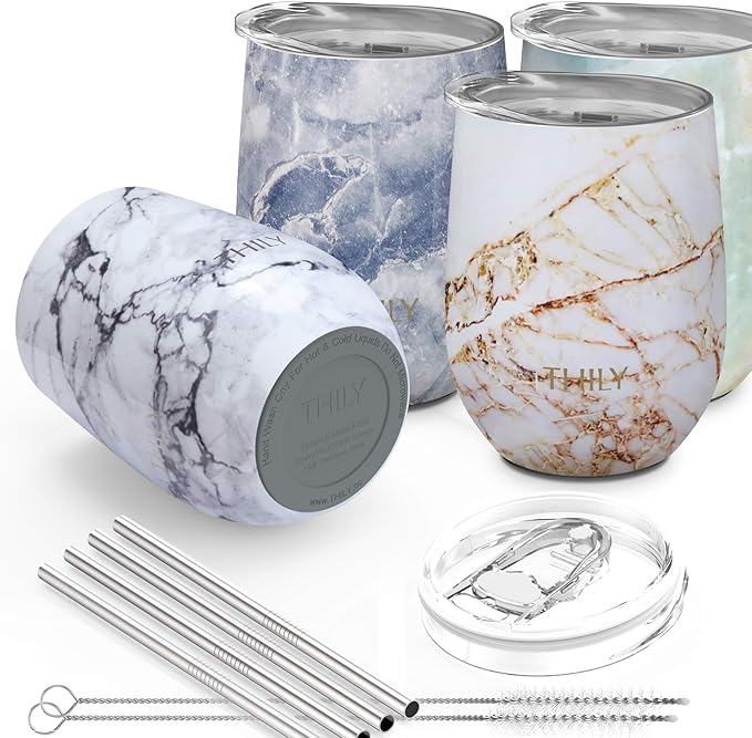 THILY Stainless Steel Stemless Wine Tumbler 4 Pack Vacuum Insulated Travel Wine Glasses with Sliding Lids and Straws, 12 oz, Keep Cold for Juice, Coffee, Beer, 4 Different Marbles Set