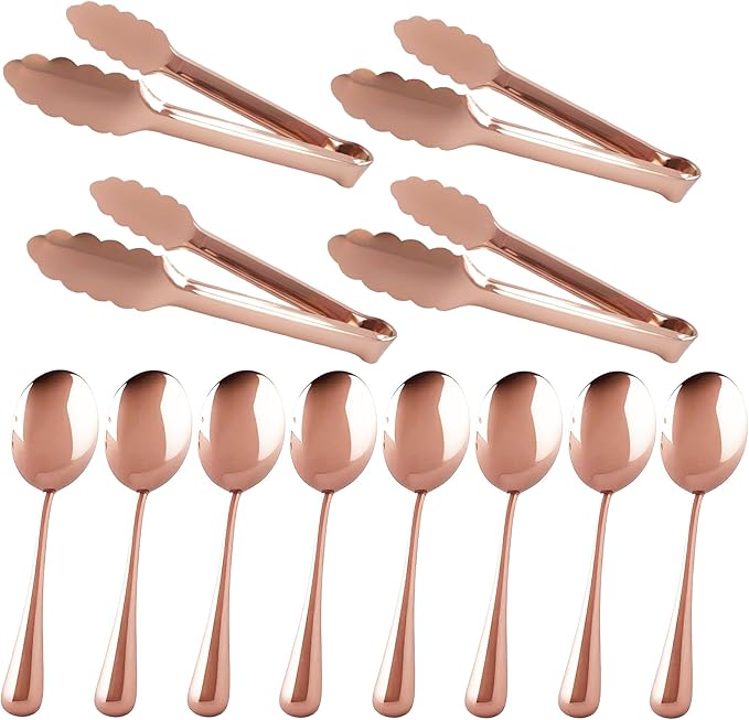 12PCS Stainless Steel Serving Utensils Sets with 8 Large Serving Spoons,4 Serving Tongs,Rose Gold Serving Utensills Sets for Buffet Catering Banquet Party (Rose Gold)