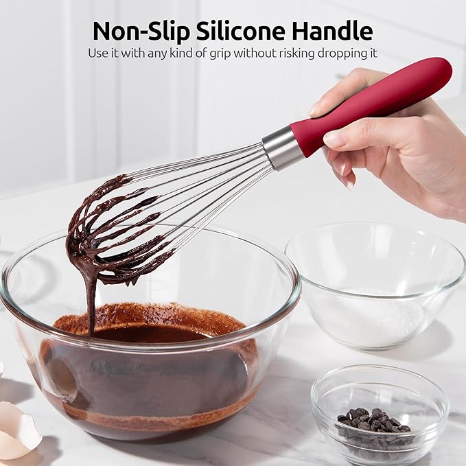 U-Taste Balloon Whisk for Cooking: 18/10 Stainless Steel Kitchen Wire Whisk, Medium Heavy Duty Egg Beater, Manual Baking Mixing Tool with 8 High Flex Wires for Stirring, Blending Sauce (Red)