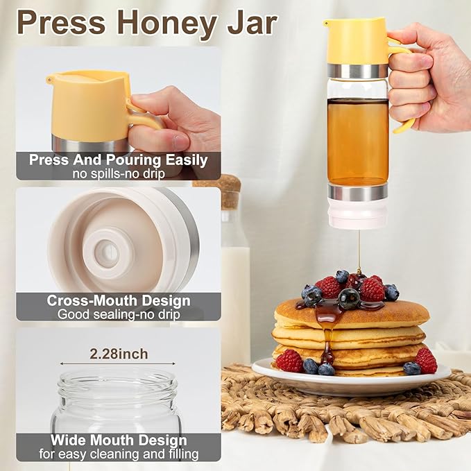 2 Pack 12 Oz Glass Honey Dispenser Pot with Silicone Base No Drip Honey Container Jar, Maple Syrup Dispenser with Handle for Pancake, Coffee or Tea Yellow